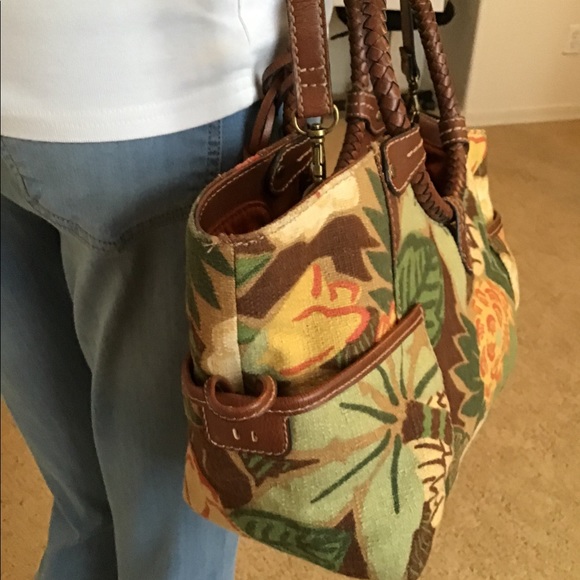 Fossil Vintage Linen and Brown Leather Hand Bag - Picture 4 of 8